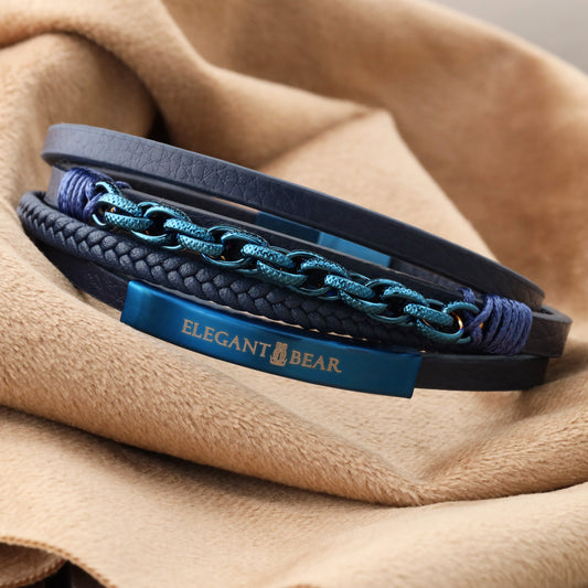 Elegant Bear men's bracelet made of blue leather with blue metal chain and shiny blue magnetic closure(L1151)