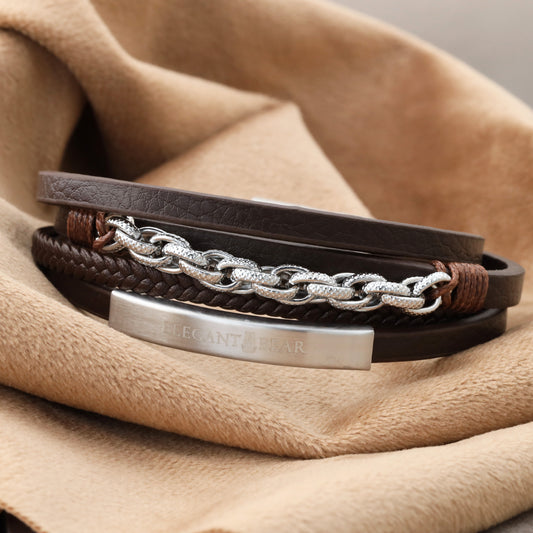 Elegant Bear Men's Dark Brown Leather Bracelet with Silver Metal Chain and Secure Magnetic Closure(L1114)