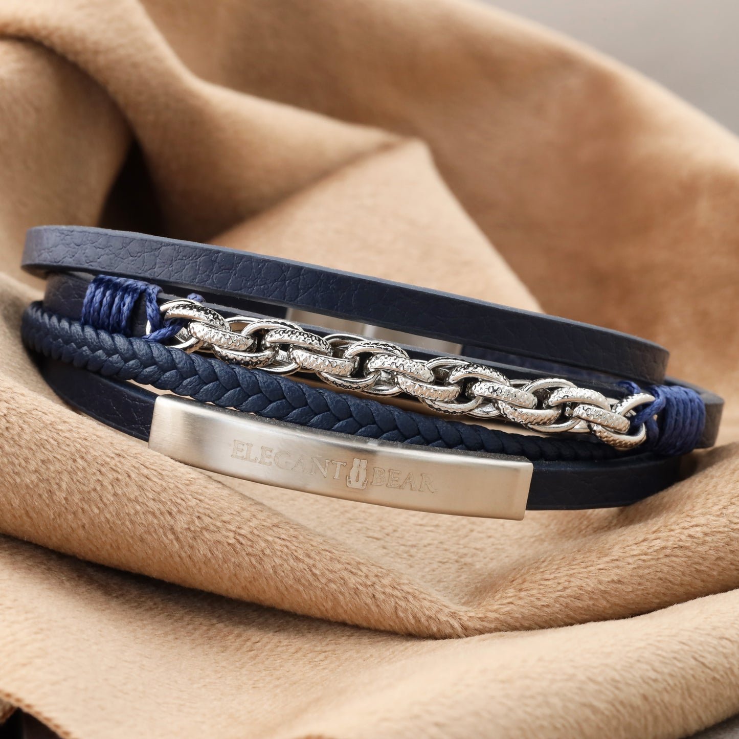 Elegant Bear men's bracelet made of blue leather with silver metal chain and secure magnetic closure(L1097)
