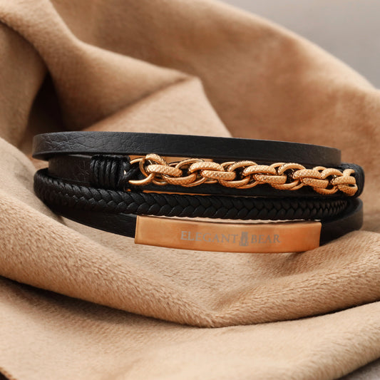 Elegant Bear men's bracelet made of black leather with rose gold metal chain and magnetic closure(L1146)