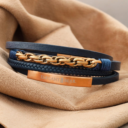 Elegant Bear men's bracelet made of dark blue leather with rose gold metal chain and magnetic closure(L1147)