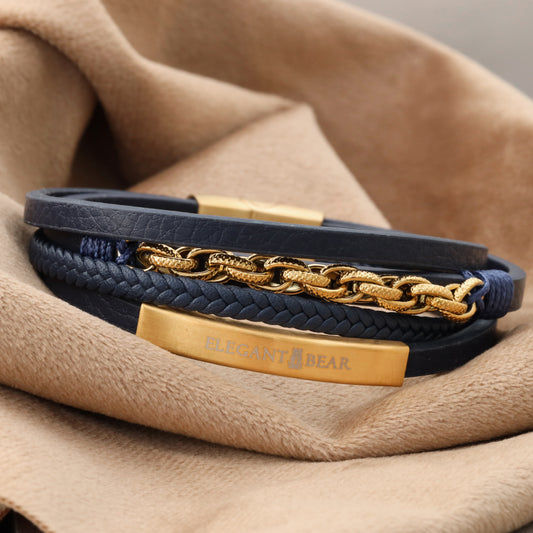 Elegant Bear men's bracelet made of dark blue leather with gold metal chain and magnetic closure - L1141