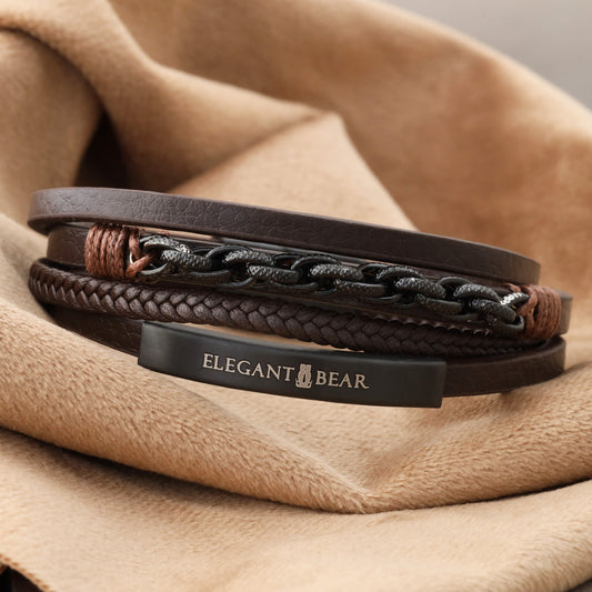 Elegant Bear men's bracelet made of dark brown leather with black metal chain and magnetic closure(L1142)