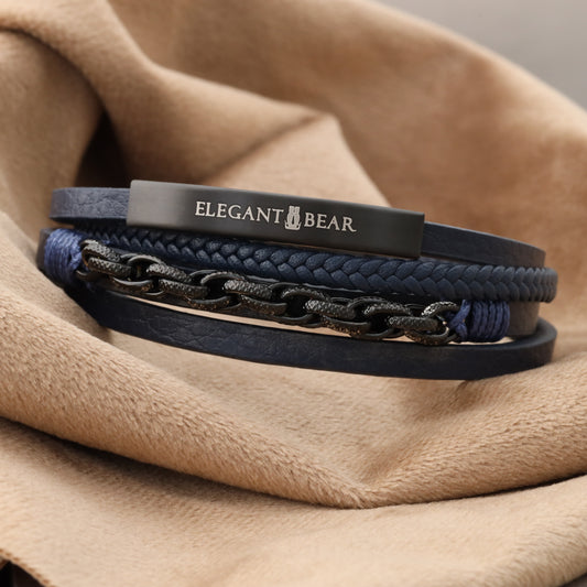 Elegant Bear men's bracelet made of blue leather with black metal chain and magnetic closure(L1143)