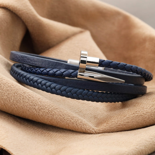 Men's dark blue leather bracelet with braided design and silver metal buckle(L1134)