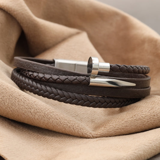 Nail Brown Genuine Leather Silver Stainless Steel Bracelet L1136