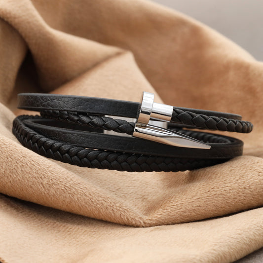 Men's black leather bracelet with silver metal buckle and multiple straps(L1135)