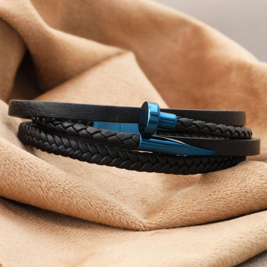 Men's black leather bracelet with shiny blue metal buckle and braided design(L1098)