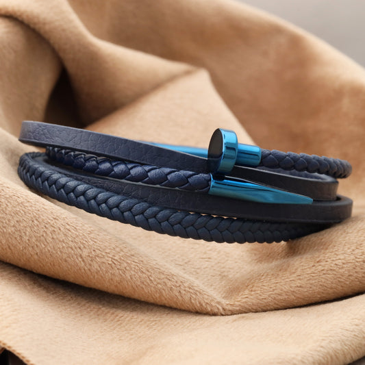 Elegant Bear men's blue leather bracelet with magnetic lock and shiny blue stainless steel metal(L1112)