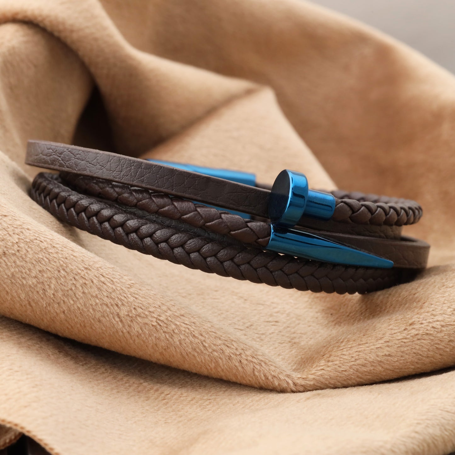 Men's brown leather bracelet with shiny blue metal buckle and magnetic lock(1103)