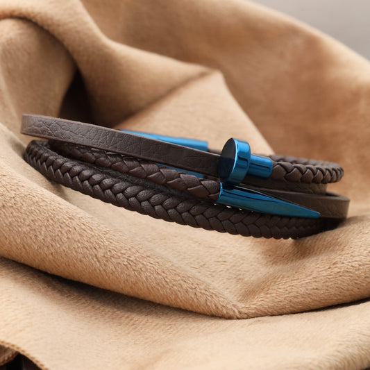 Men's brown leather bracelet with shiny blue metal buckle and magnetic lock(1103)