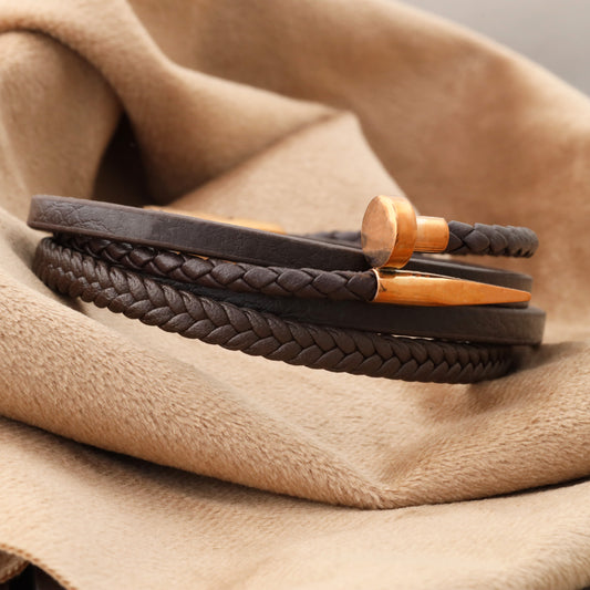 Men's dark brown leather bracelet with braided design and rose gold metal buckle(L1115)