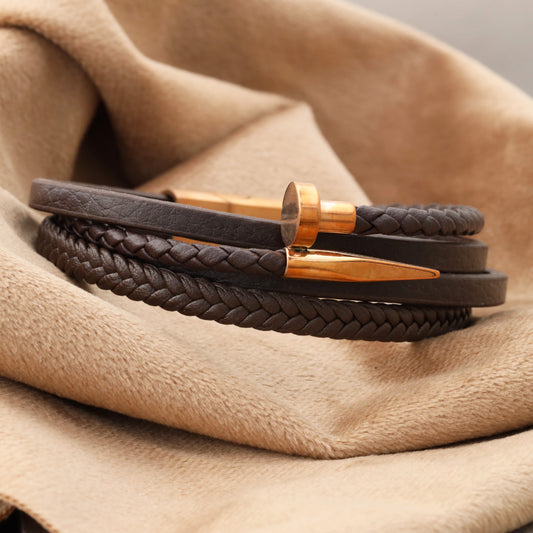 Elegant Bear Men's Dark Brown Genuine Leather Bracelet with Premium Rose Gold Stainless Steel(L1115)