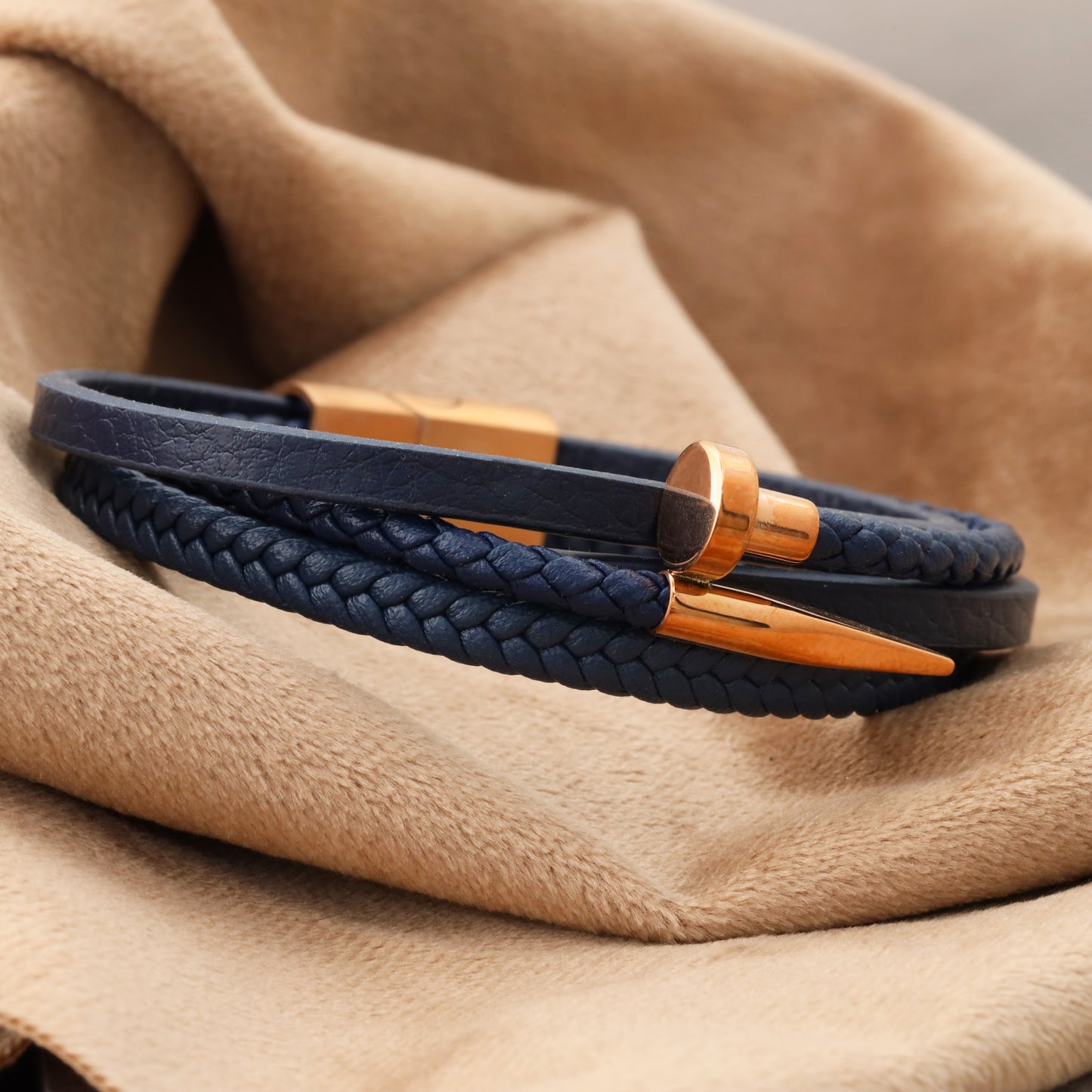 Elegant Bear Men's Braided Blue Genuine Leather Bracelet with Stylish Rose Gold Stainless Steel(L1101)