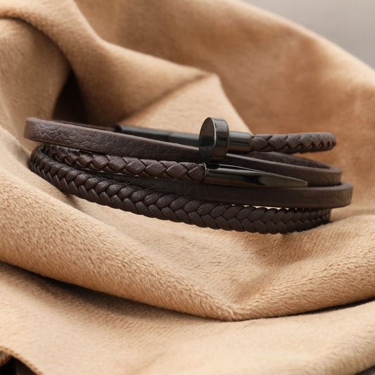 Elegant Bear men's bracelet made of dark brown leather with matte black metal and secure magnetic closure(L1145)