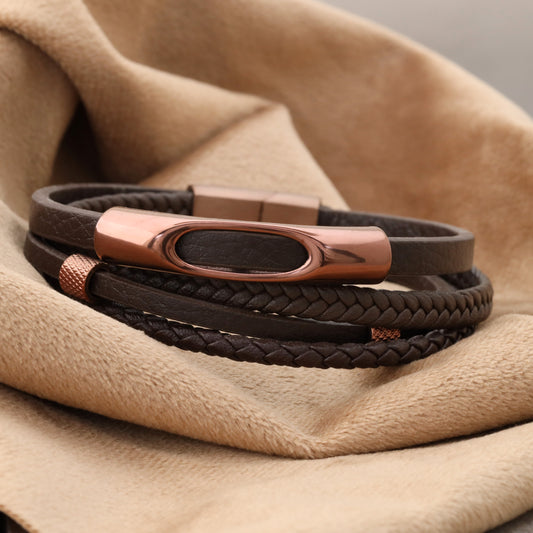 Elegant Bear men's bracelet made of dark brown leather with rose gold metal and secure magnetic closure(L1129)