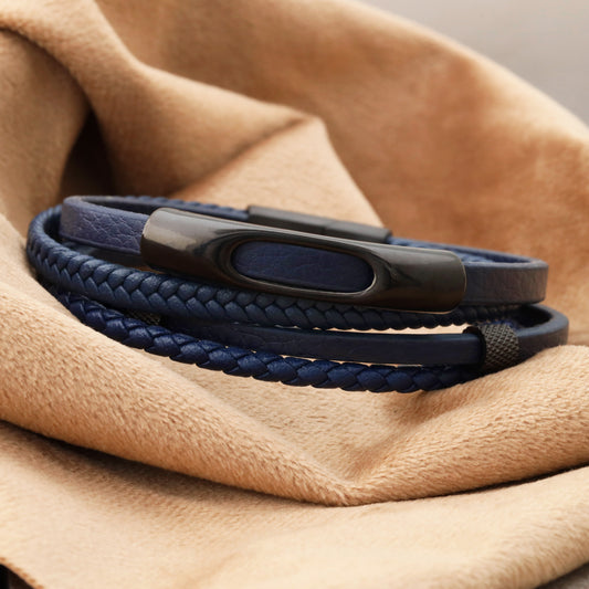 Elegant Bear men's bracelet made of blue leather with matte black metal and secure magnetic closure - L1111