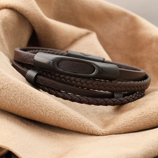 Elegant Bear men's bracelet made of dark brown leather with matte black metal and secure magnetic closure(L1113)