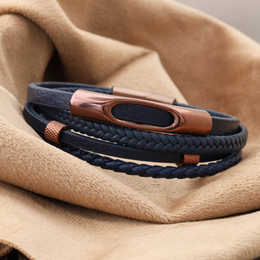 Elegant Bear men's bracelet made of dark brown leather with rose gold metal and secure, easy-to-use magnetic closure(L1110)