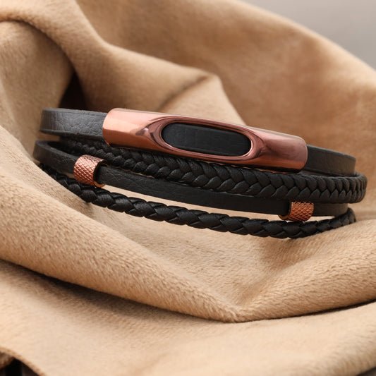 Elegant Bear men's bracelet made of black leather with rose gold metal and secure, easy-to-use magnetic closure(L1116)