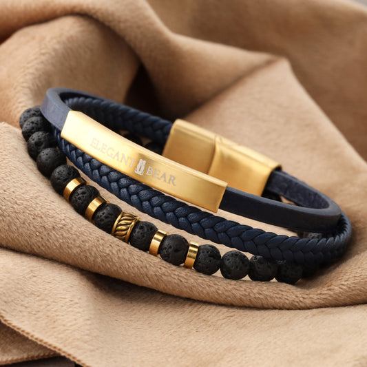 Elegant Men's Braided Leather Bracelet with Natural Stone Beads and Gold Accents (L1132)