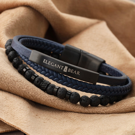 Elegant Men's Blue Genuine Leather Bracelet with Natural Stone Beads and Premium Stainless Steel(L1130)