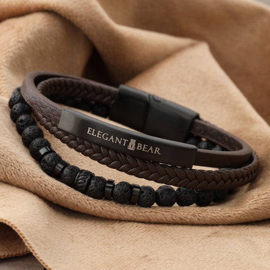 Elegant Men's Brown Genuine Leather Bracelet with Natural Stone Beads and Premium Stainless Steel(L1133)