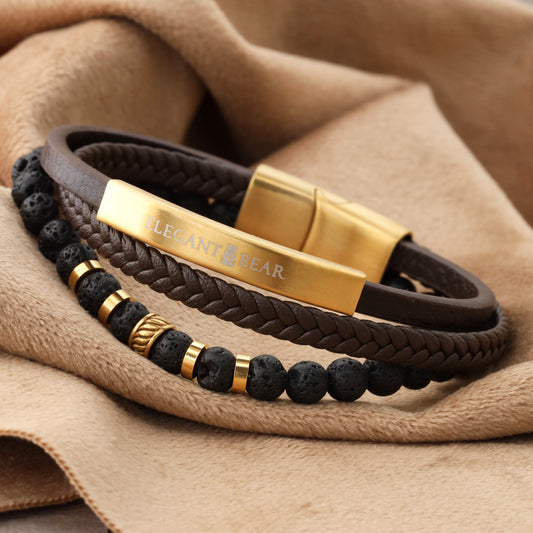 Elegant Men's Brown Genuine Leather Bracelet with Natural Stone Beads and Premium Stainless Steel(L1131)