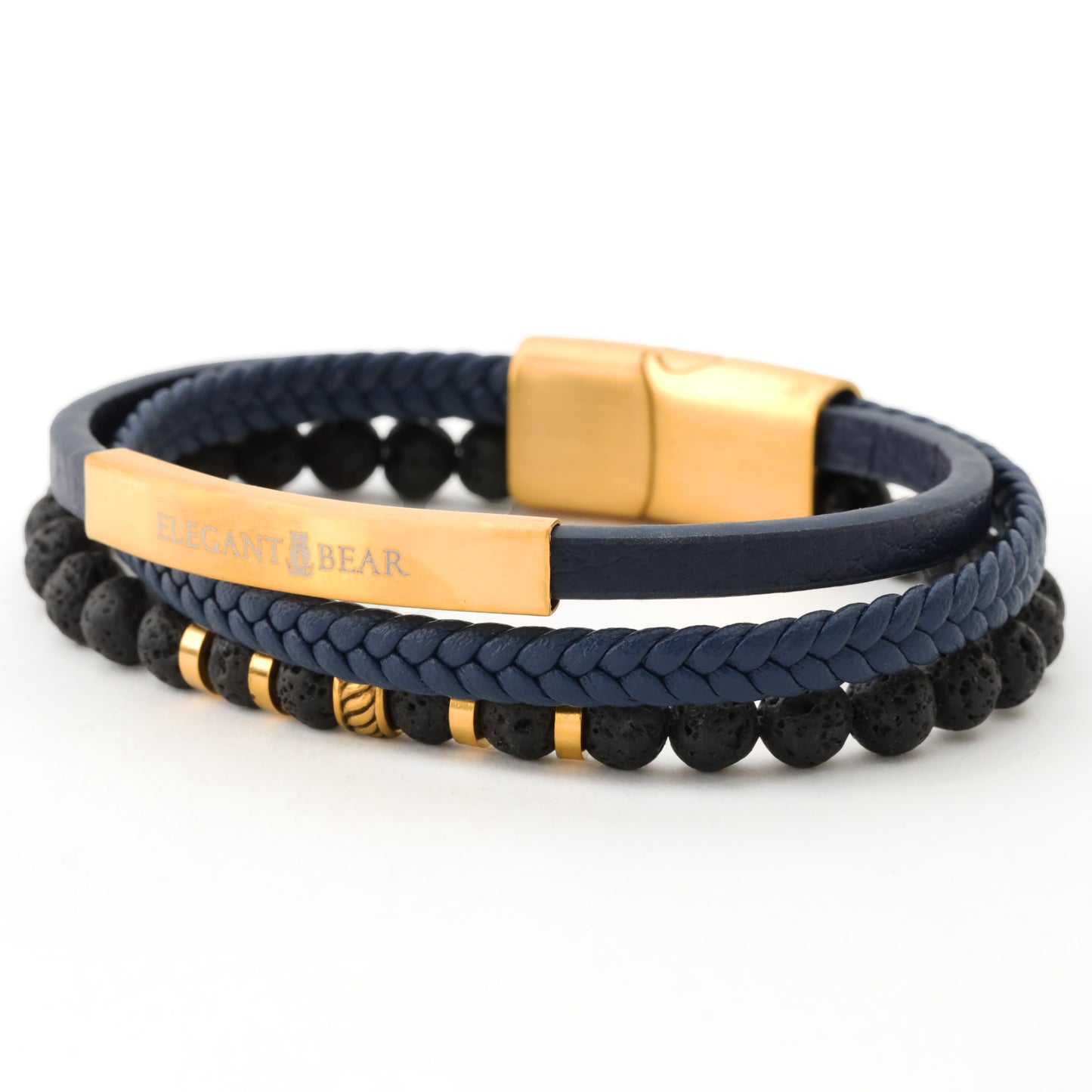 Elegant Men's Braided Leather Bracelet with Natural Stone Beads and Gold Accents (L1132)