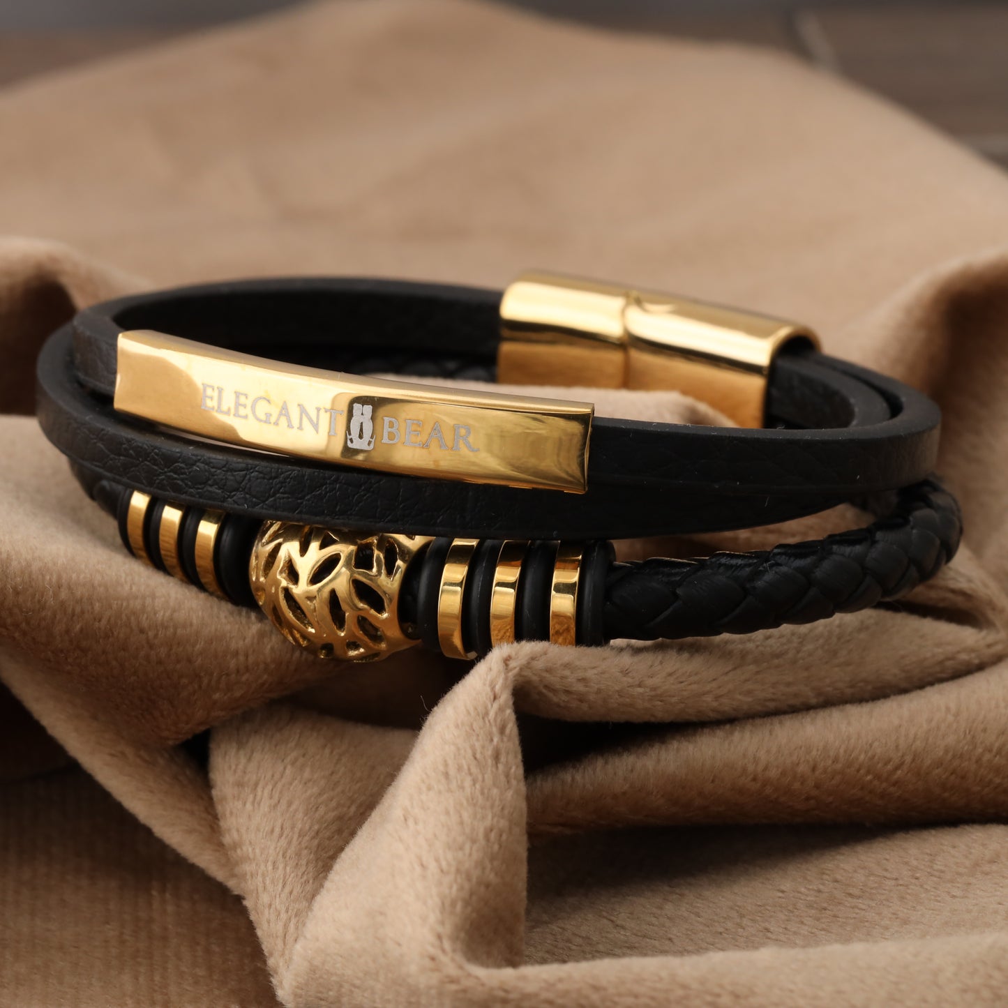 Autumn Ball Black Genuine Leather Gold Stainless Steel Bracelet  L1226