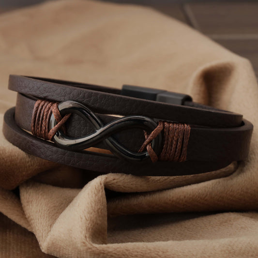 Natural Leather & Stainless Steel Bracelet L1202 - Brown