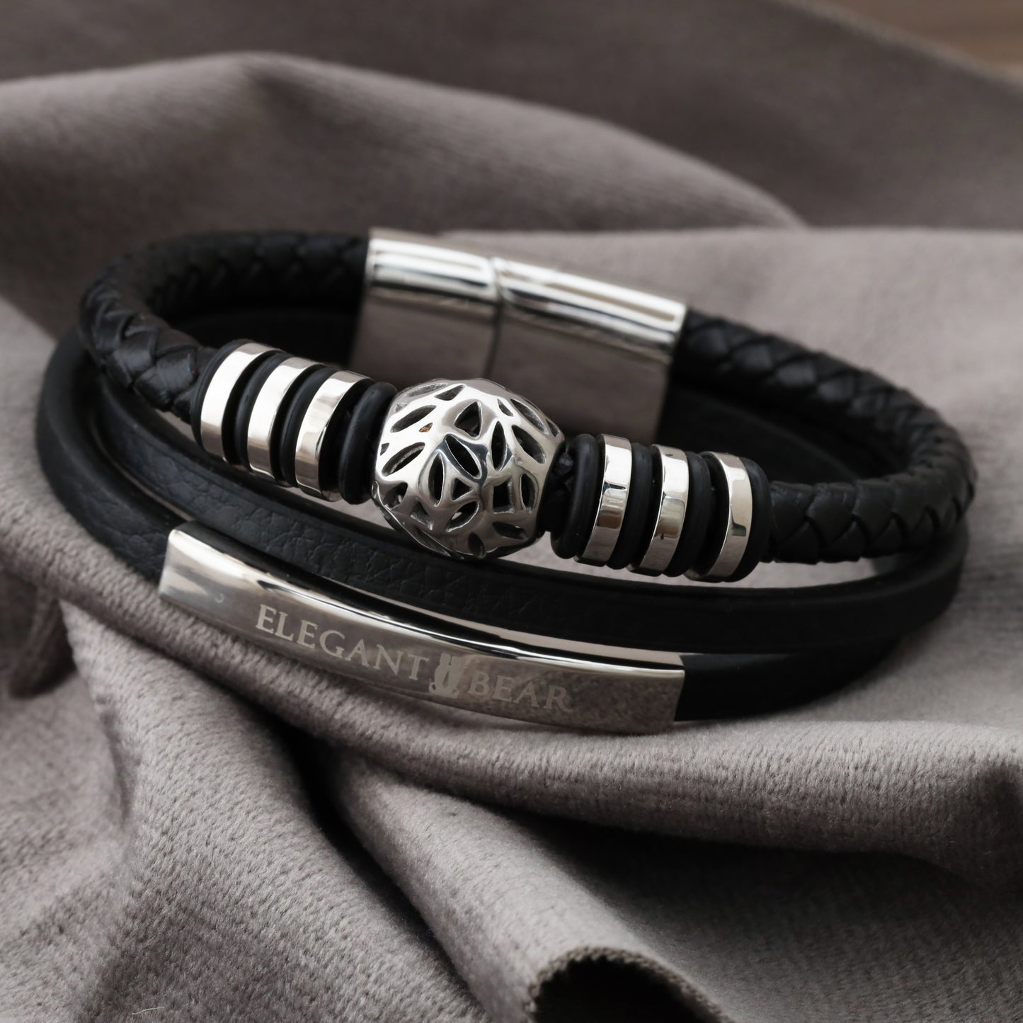 Autumn Ball Black Genuine Leather Silver Stainless Steel Bracelet L1259