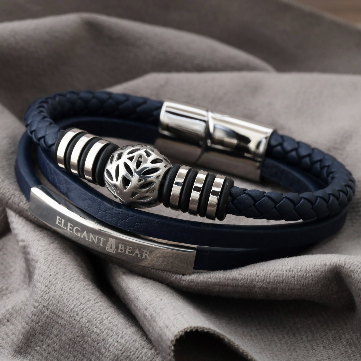 Autumn Ball Blue Genuine Leather Silver Stainless Steel Bracelet L1257