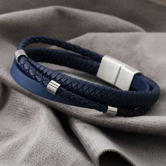 Simple Design 3 Dots Blue Genuine Leather Silver Stainless Steel L1262