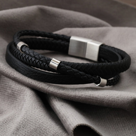 Simple Design 3 Dots Black Genuine Leather Silver Stainless Steel  L1261