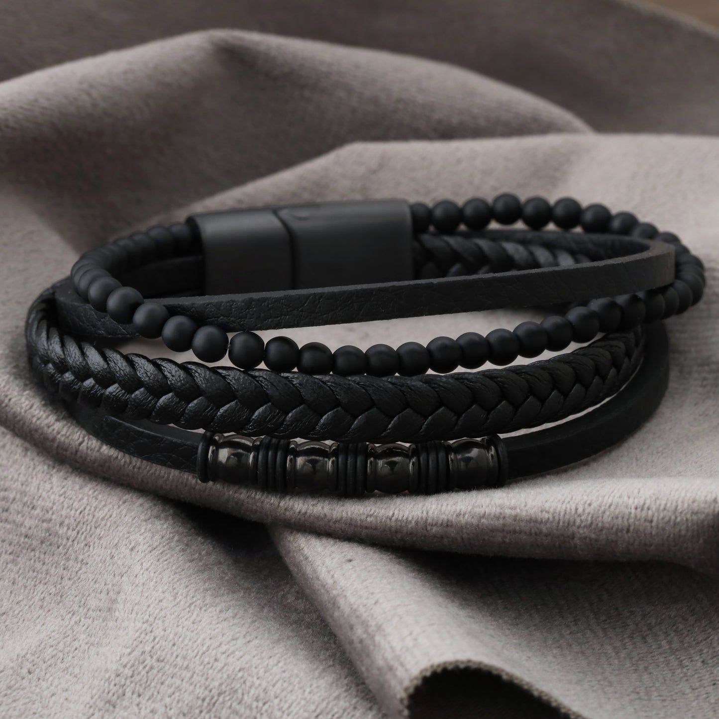 Multi-Layer Leather & Beaded Bracelet with Magnetic Clasp - L1252