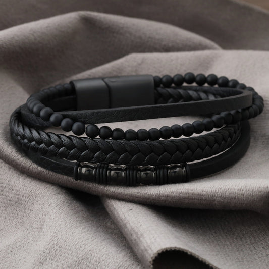 Multi-Layer Leather & Beaded Bracelet with Magnetic Clasp L1247