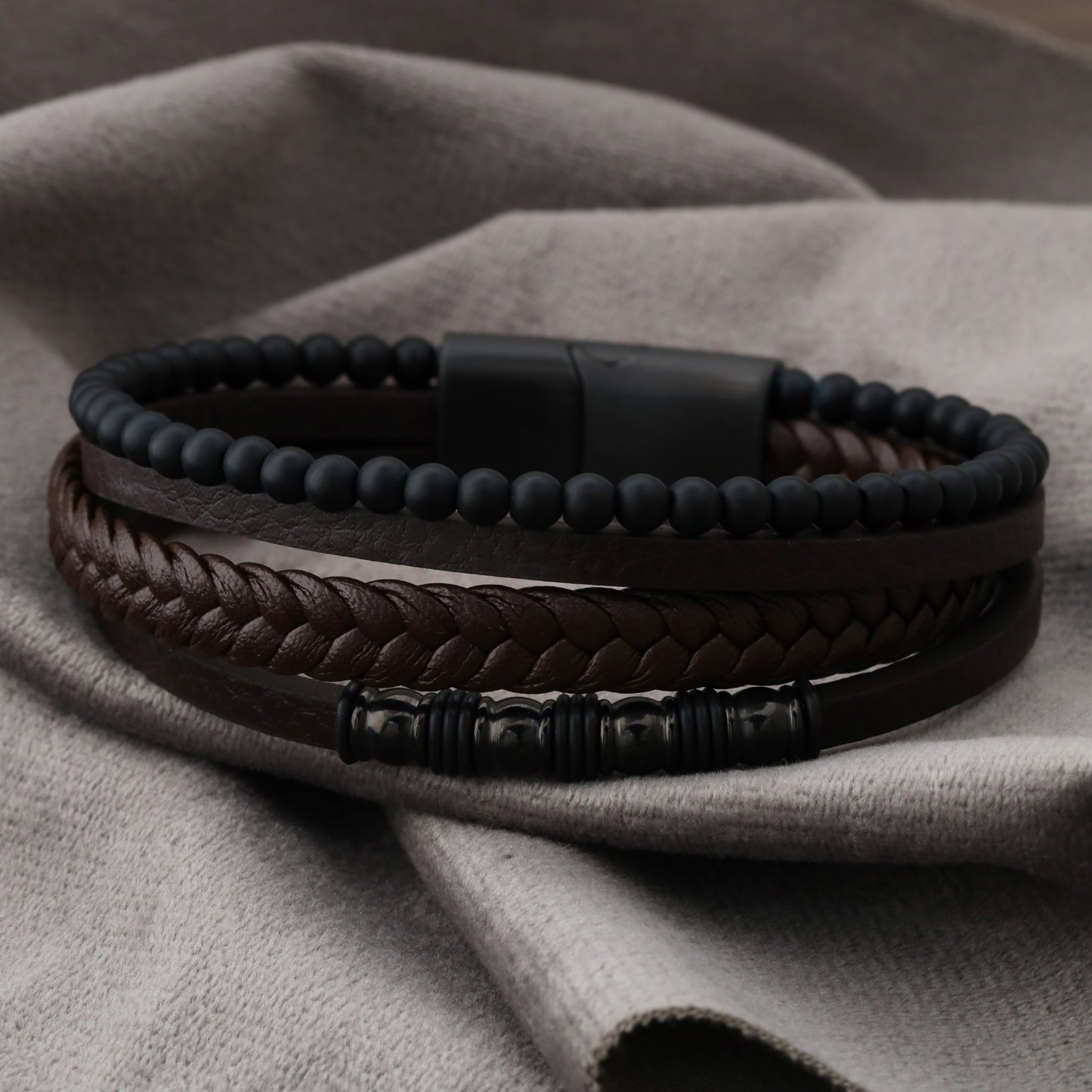 Multi-Layer Leather & Beaded Bracelet with Magnetic Clasp - L1252