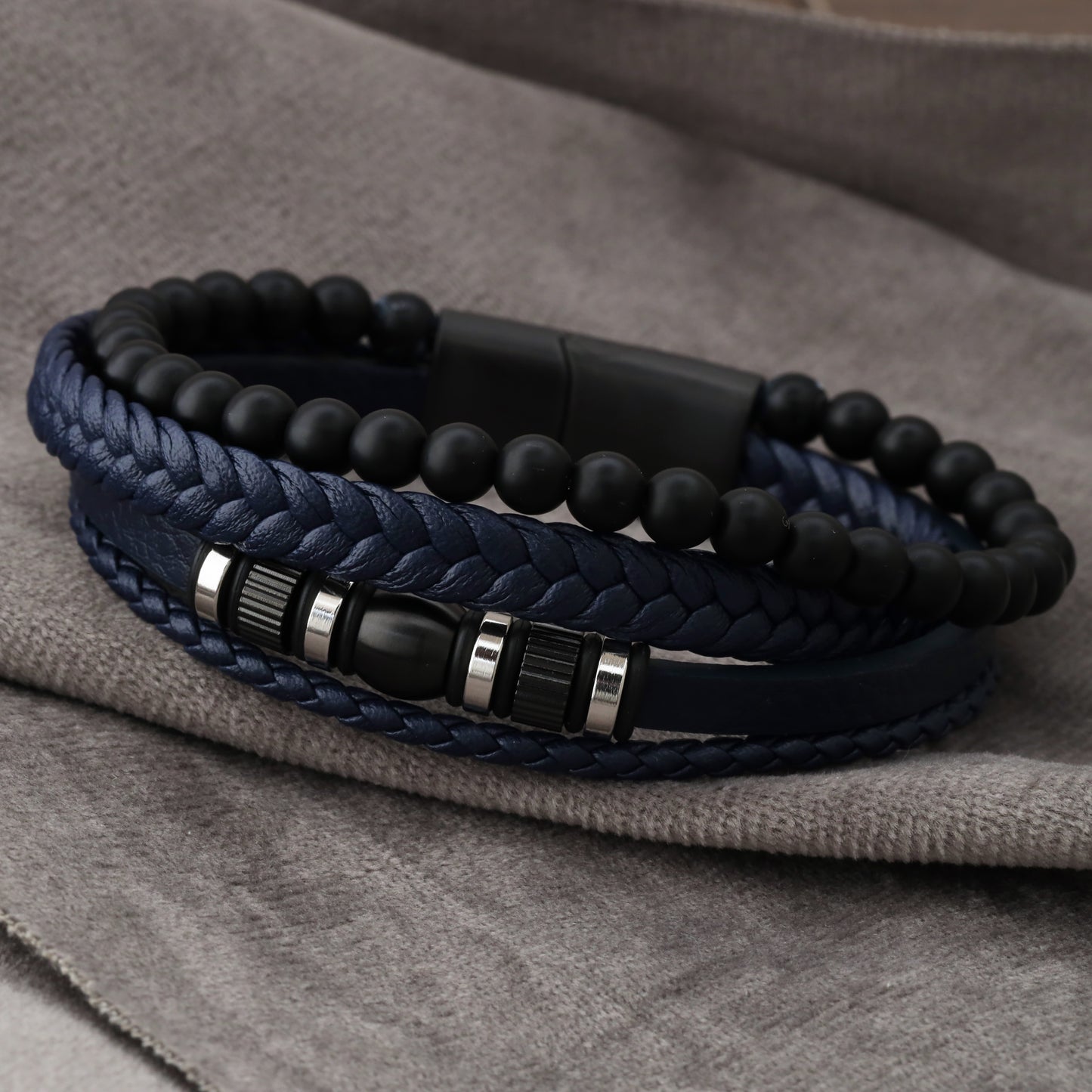 Premium Black Multi-Layer Leather & Beaded Bracelet Set L1250