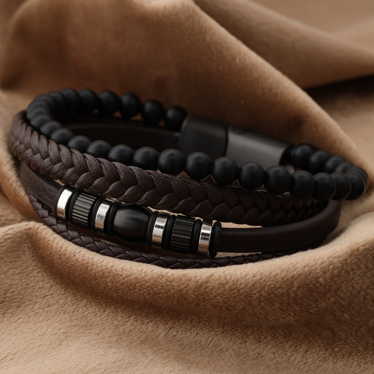 Premium Black Multi-Layer Leather & Beaded Bracelet Set L1250
