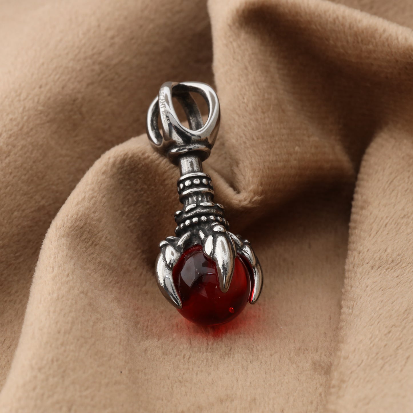 Skeleton Hand Pendant with Red Glass Crystal - Stainless Steel Gothic Design - S230