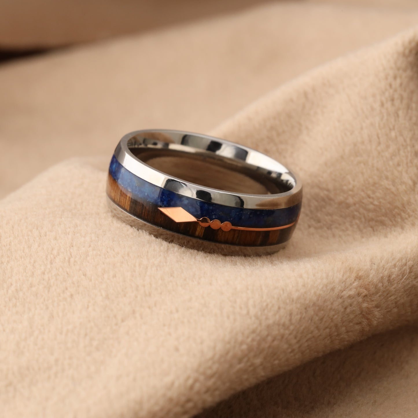 Silver Titanium Ring with Lapis Lazuli & Zebra Wood - Rose Gold Arrow - 8mm - A177