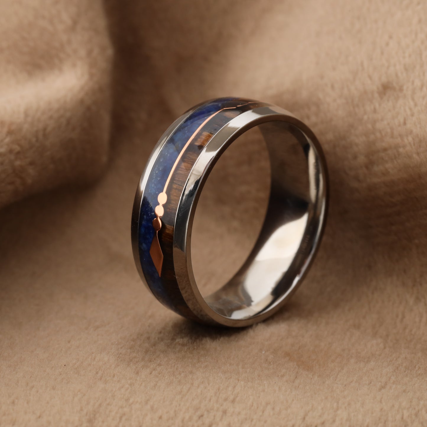 Silver Titanium Ring with Lapis Lazuli & Zebra Wood - Rose Gold Arrow - 8mm - A177