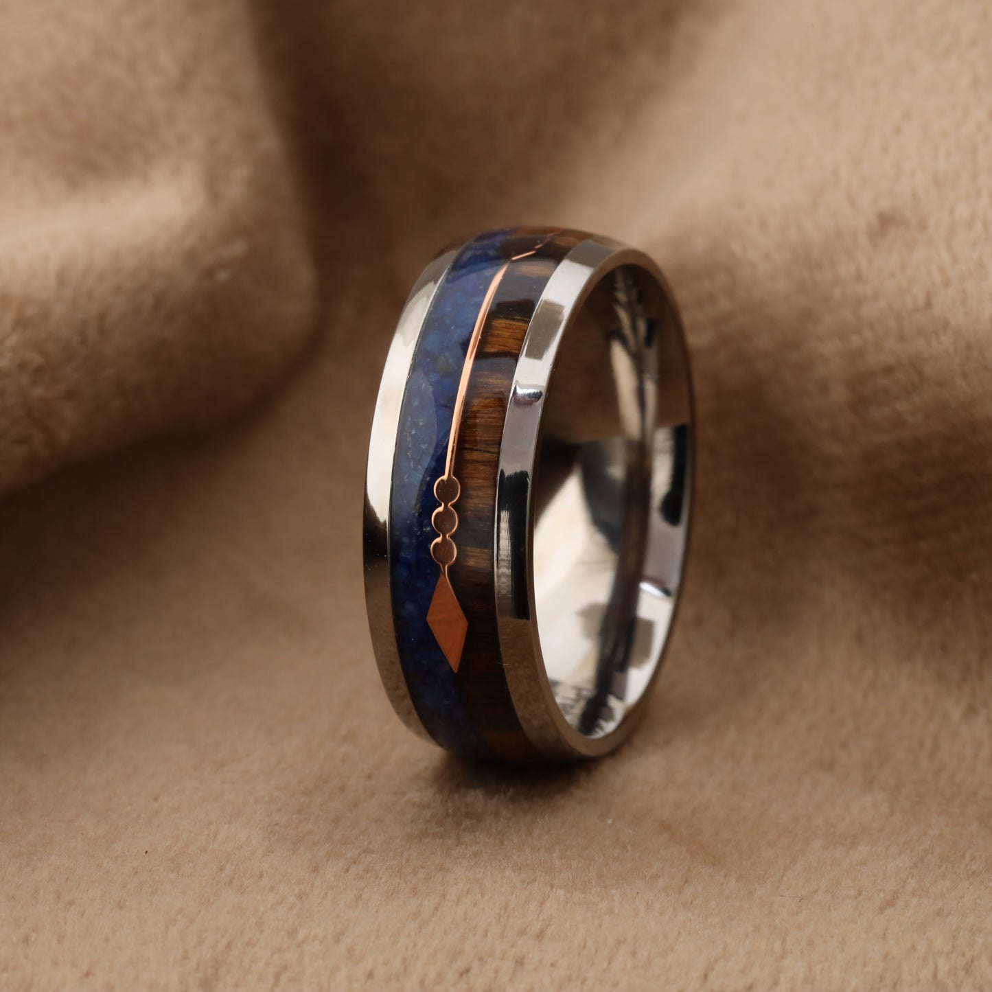 Silver Titanium Ring with Lapis Lazuli & Zebra Wood - Rose Gold Arrow - 8mm - A177