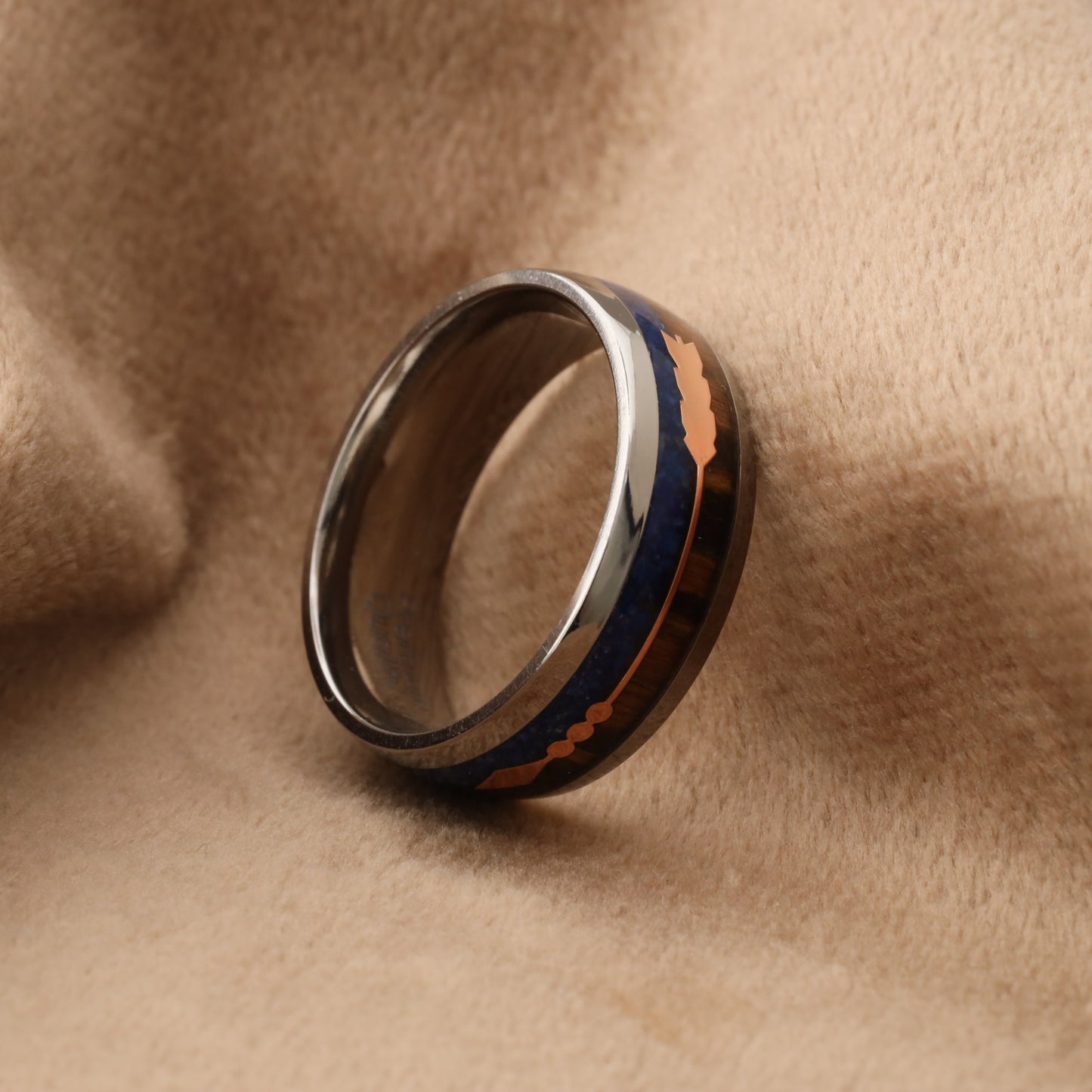 Silver Titanium Ring with Lapis Lazuli & Zebra Wood - Rose Gold Arrow - 8mm - A177