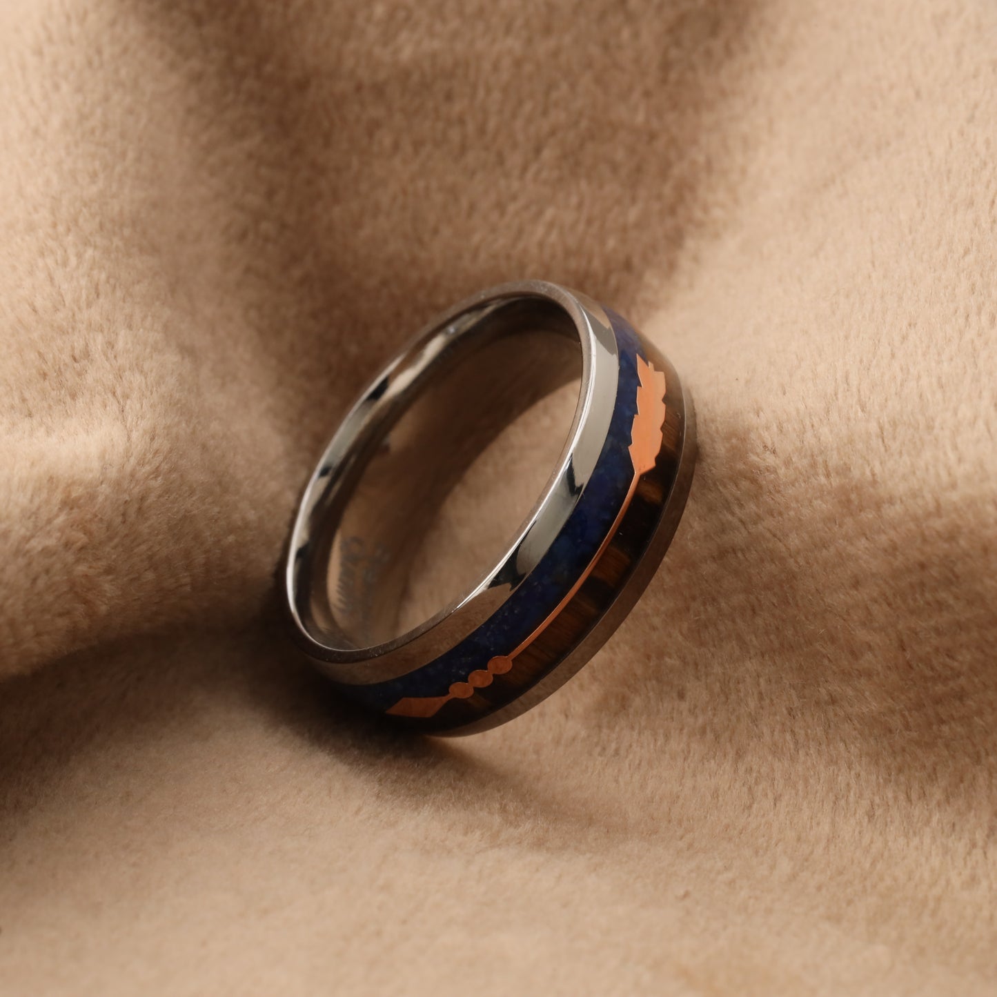Silver Titanium Ring with Lapis Lazuli & Zebra Wood - Rose Gold Arrow - 8mm - A177