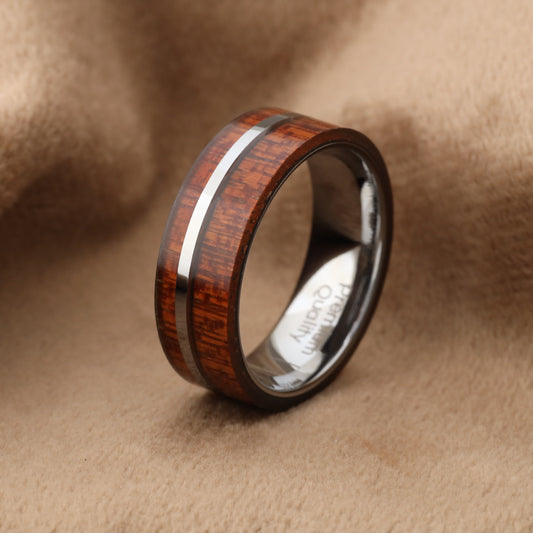 Tungsten Ring with Koa Wood Inlay - Protected for Daily Wear - 8mm - A174