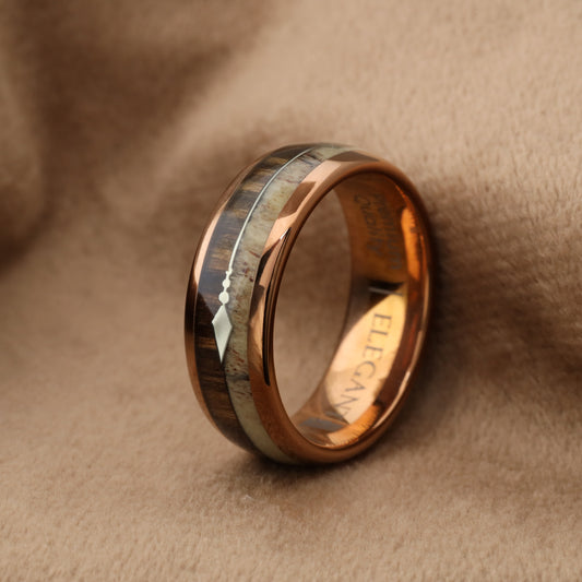 Rose Gold Tungsten Ring with Dark Koa Wood, Deer Antler & Silver Arrow - 8mm - A94