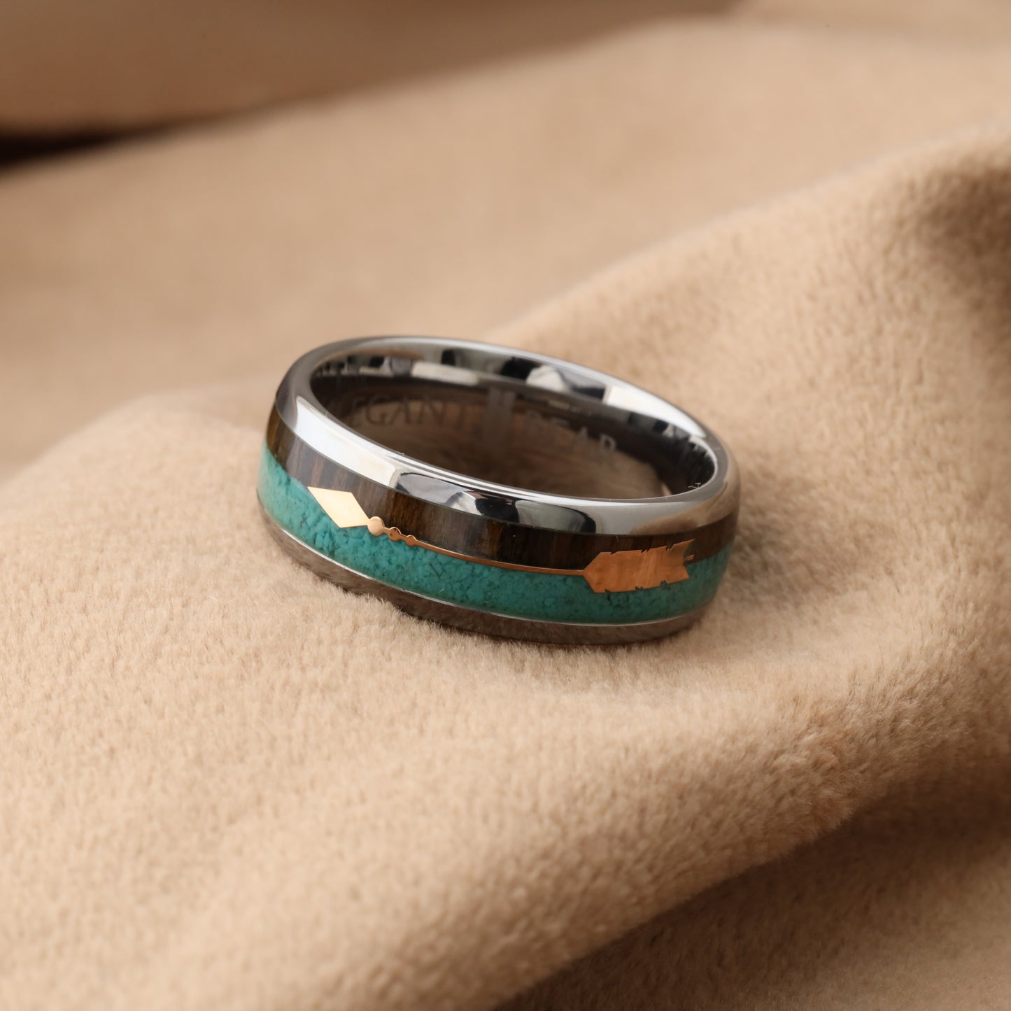 A168 Tungsten Carbide Ring with Koa Wood, Abalone Shell and Silver Arrow