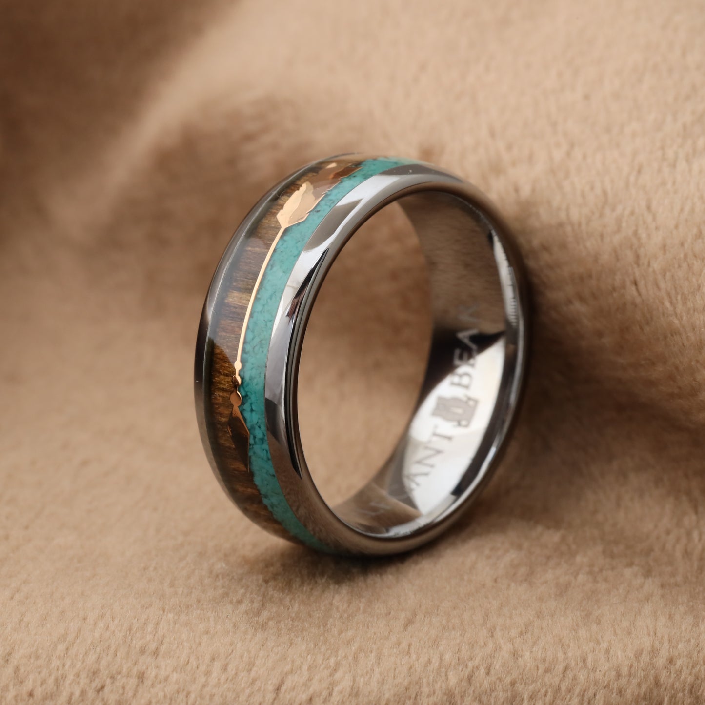 A168 Tungsten Carbide Ring with Koa Wood, Abalone Shell and Silver Arrow